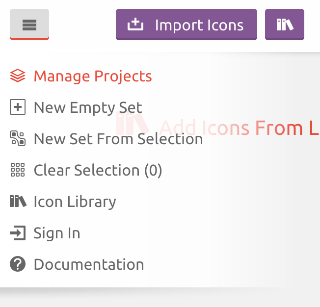 IcoMoon - Manage Projects menu