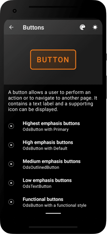 Android app - Buttons dark section showcase