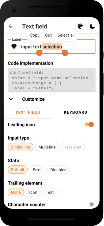 Android app - Inputs section showcase