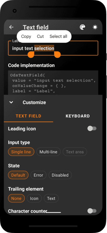 Android app - Inputs dark section showcase