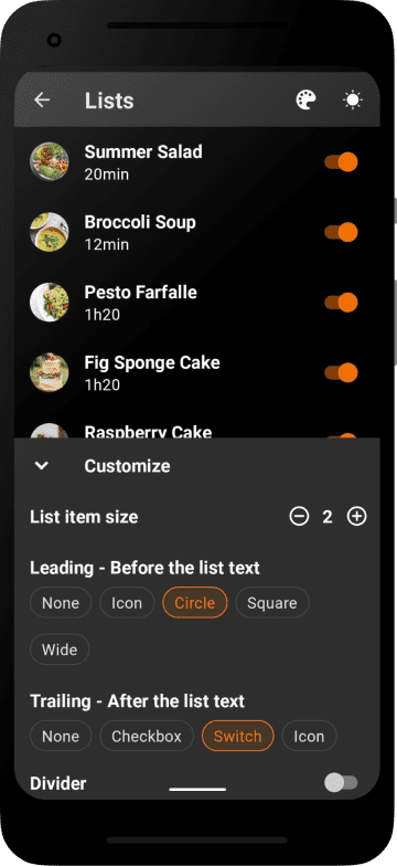 Android app - Lists dark section showcase